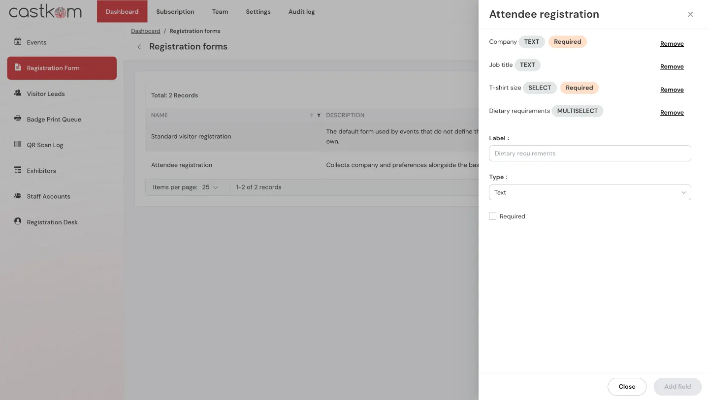 The registration form builder, showing a field list with types and required toggles